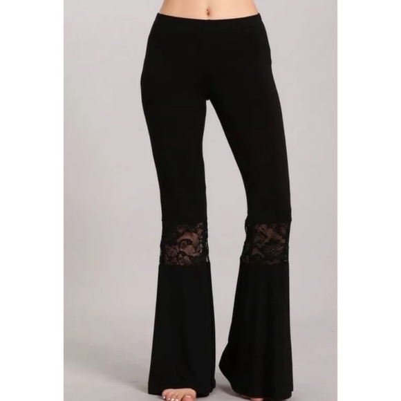 SOLD OUT Black Lace Inset Boho Flare Bell Stretch Pants - Picture 3 of 6